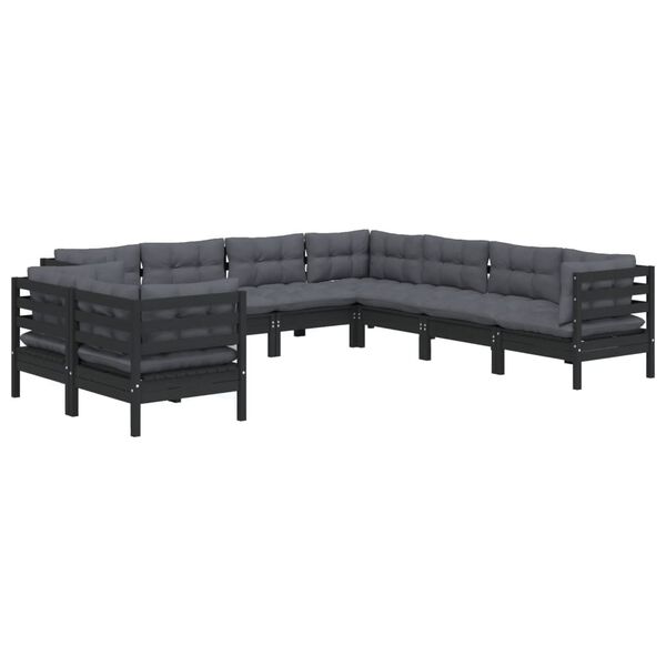 vidaXL Muebles de jard&iacute;n 9 pzas y cojines negro madera maciza de pino