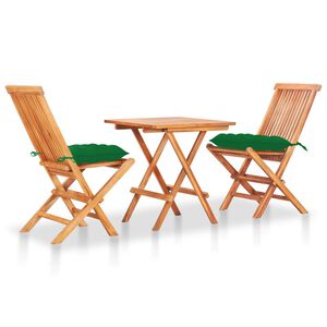 vidaXL Set de bistró 3 piezas madera maciza teca con cojines verdes