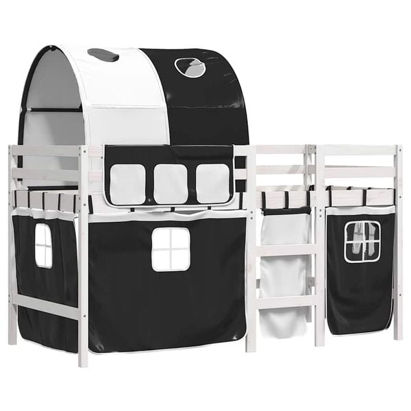 vidaXL Cama alta ni&ntilde;os con t&uacute;nel madera pino blanco negro 90x190 cm