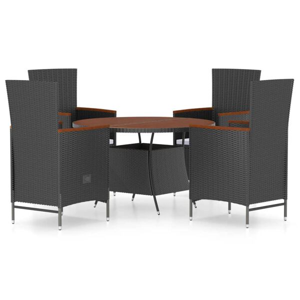 vidaXL Set comedor de jard&iacute;n 5 piezas rat&aacute;n sint&eacute;tico y cojines negro