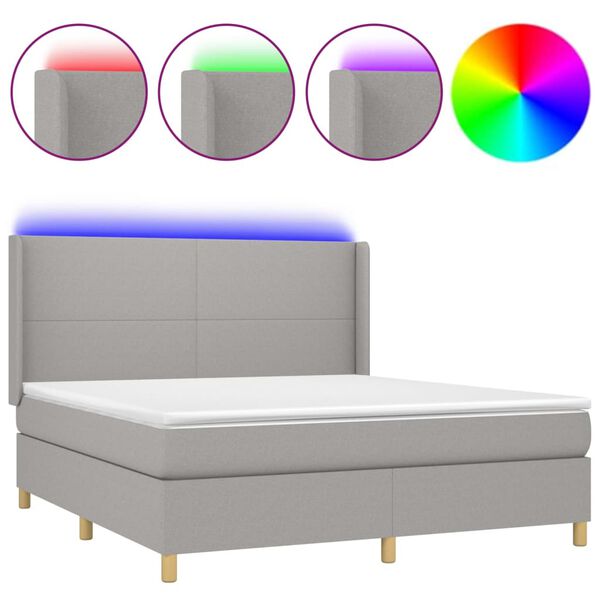 vidaXL Cama box spring colch&oacute;n y luces LED tela gris claro 180x200 cm