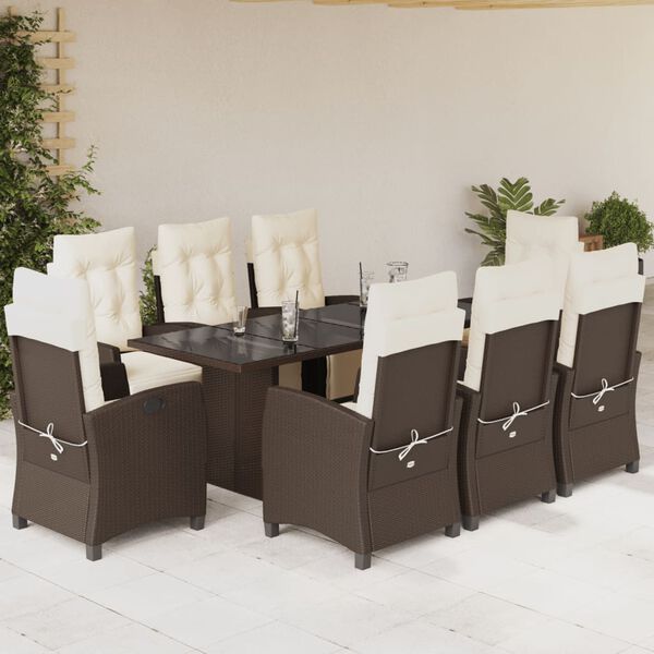 vidaXL Set comedor para jard&iacute;n 9 pzas y cojines rat&aacute;n sint&eacute;tico marr&oacute;n