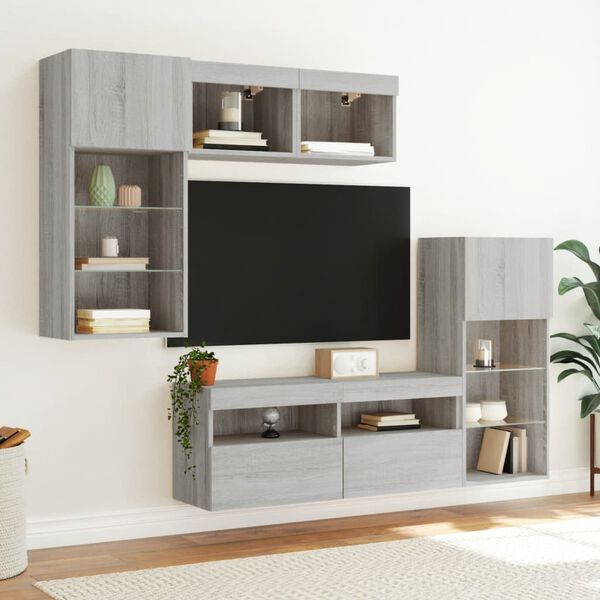vidaXL Muebles TV pared con LED 5 pzas madera ingenier&iacute;a gris Sonoma