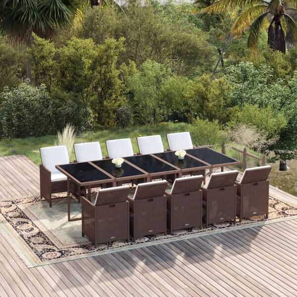 vidaXL Set de comedor de jard&iacute;n 11 pzas con cojines rat&aacute;n PE marr&oacute;n