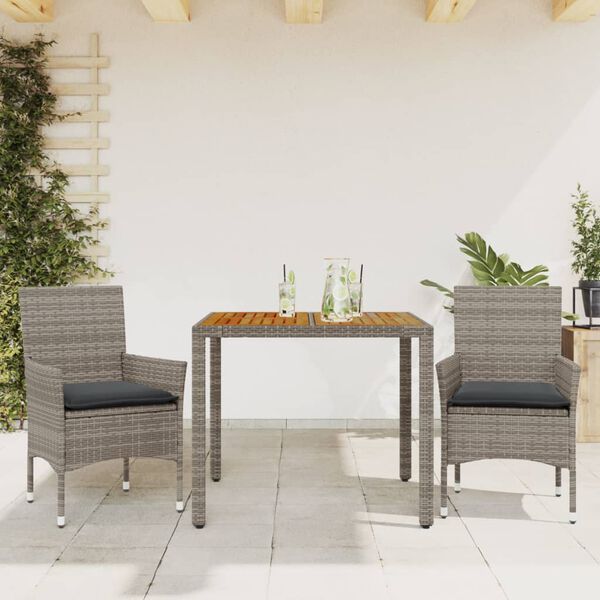 vidaXL Set de comedor jard&iacute;n 3 pzas con cojines rat&aacute;n PE acacia gris