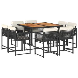 vidaXL Set de comedor de jard&iacute;n 9 pzas y cojines rat&aacute;n sint&eacute;tico negro