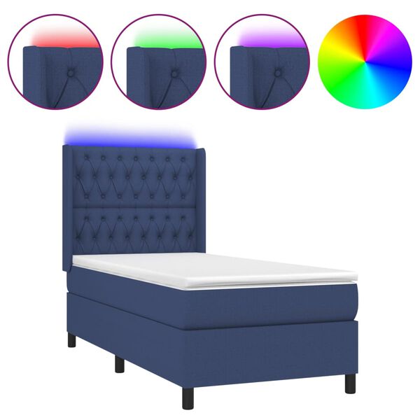 vidaXL Cama box spring colch&oacute;n y luces LED tela azul 100x200 cm