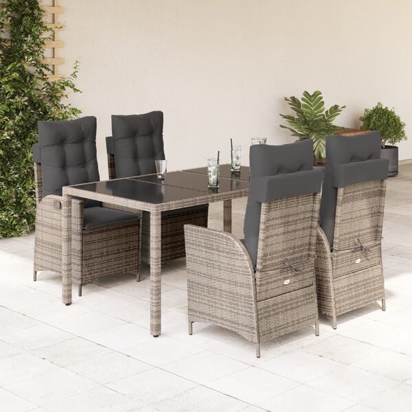 vidaXL Set comedor de jard&iacute;n 5 piezas con cojines rat&aacute;n sint&eacute;tico gris