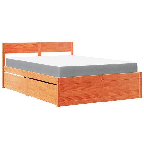 vidaXL Cama con cajones y colchón madera pino marrón cera 120x190 cm