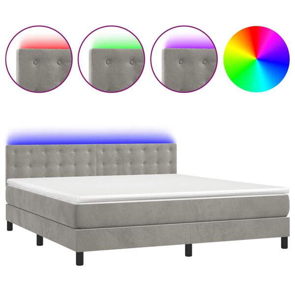 vidaXL Cama box spring colch&oacute;n y LED terciopelo gris claro 180x200 cm