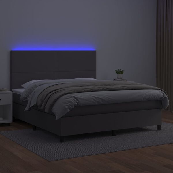 vidaXL Cama box spring colch&oacute;n y LED cuero sint&eacute;tico gris 160x200 cm