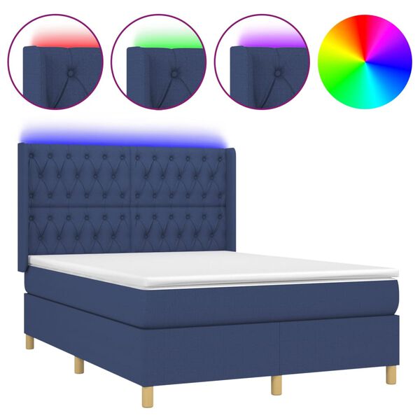 vidaXL Cama box spring colch&oacute;n y luces LED tela azul 140x190 cm