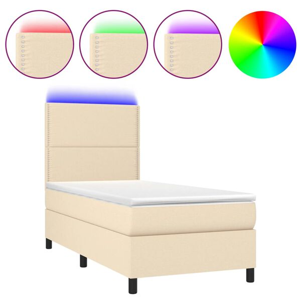 vidaXL Cama box spring colch&oacute;n y luces LED tela color crema 90x190 cm