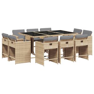 vidaXL Set comedor de jard&iacute;n 11 pzas con cojines rat&aacute;n sint&eacute;tico beige