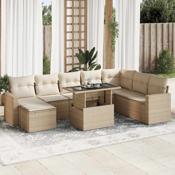 vidaXL Set de sof&aacute;s de jard&iacute;n con cojines 9 pzas rat&aacute;n sint&eacute;tico beige