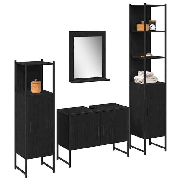 vidaXL Juego de muebles de ba&ntilde;o 4 pcs Negro Madera de ingenier&iacute;a
