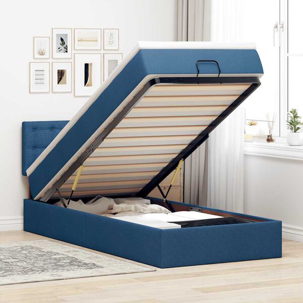 vidaXL Estructura de cama otomana con colch&oacute;n tela azul 90x190 cm