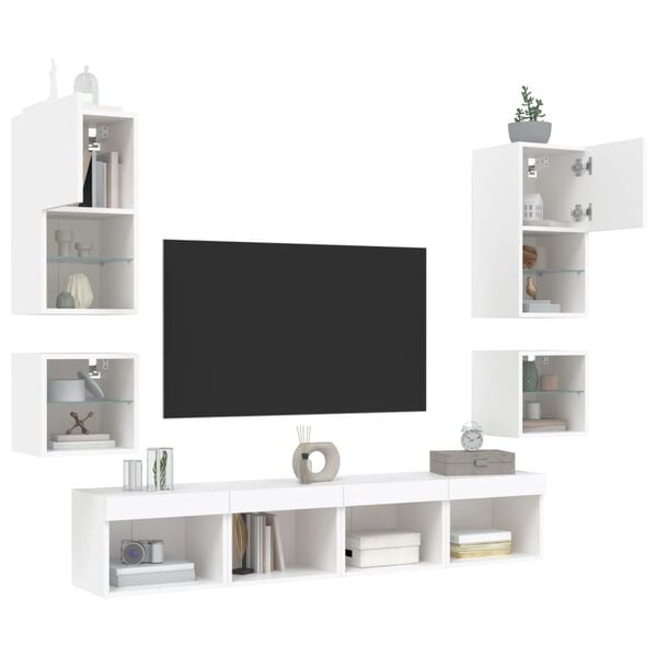 vidaXL Muebles de TV de pared con LED 8 pzas madera ingenier&iacute;a blanco