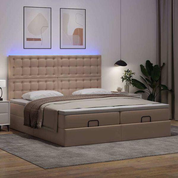 vidaXL Cama otomana colch&oacute;n y LED cuero sint&eacute;tico capuchino 160x200cm