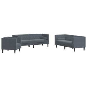 vidaXL Set sof&aacute;s Chesterfield con cojines 3 pzs terciopelo gris oscuro