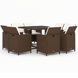 vidaXL Set de comedor jard&iacute;n 9 pzas y cojines rat&aacute;n sint&eacute;tico marr&oacute;n