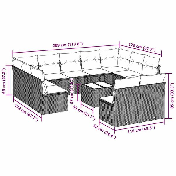 vidaXL Set de sof&aacute;s de jard&iacute;n 12 pzas y cojines rat&aacute;n sint&eacute;tico gris
