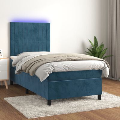 vidaXL Cama box spring colchón y LED terciopelo azul oscuro 90x200 cm