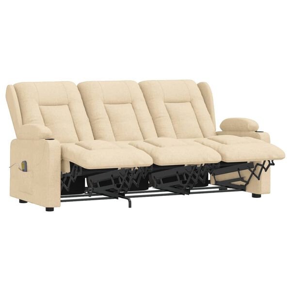 vidaXL Sillón de masaje reclinable 3 plazas con portavasos tela crema