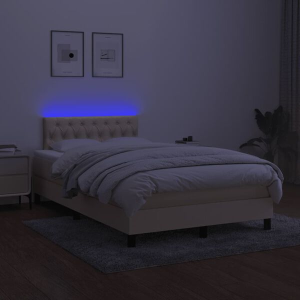 vidaXL Cama box spring con colch&oacute;n y luces LED tela crema 120x190 cm