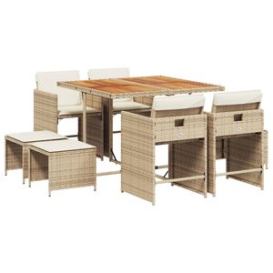 vidaXL Set comedor de jard&iacute;n 9 pzas con cojines rat&aacute;n sint&eacute;tico beige