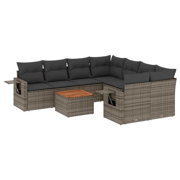 vidaXL Set de muebles de jard&iacute;n 9 pzas y cojines rat&aacute;n sint&eacute;tico gris