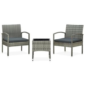 vidaXL Set de muebles bistro de jard&iacute;n 3 piezas cojines rat&aacute;n PE gris