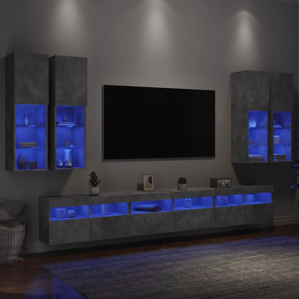 vidaXL Muebles de TV de pared con luces LED 7 piezas gris hormig&oacute;n