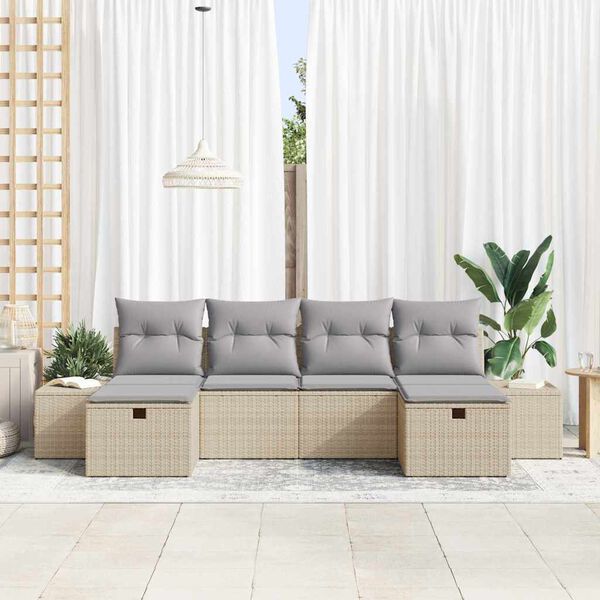 vidaXL Conjunto de sof&aacute; de jard&iacute;n 6 pcs Beige rat&aacute;n sint&eacute;tico