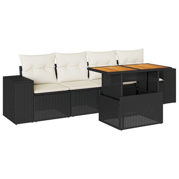 vidaXL Set de muebles de jard&iacute;n 5 pzas y cojines rat&aacute;n sint&eacute;tico negro