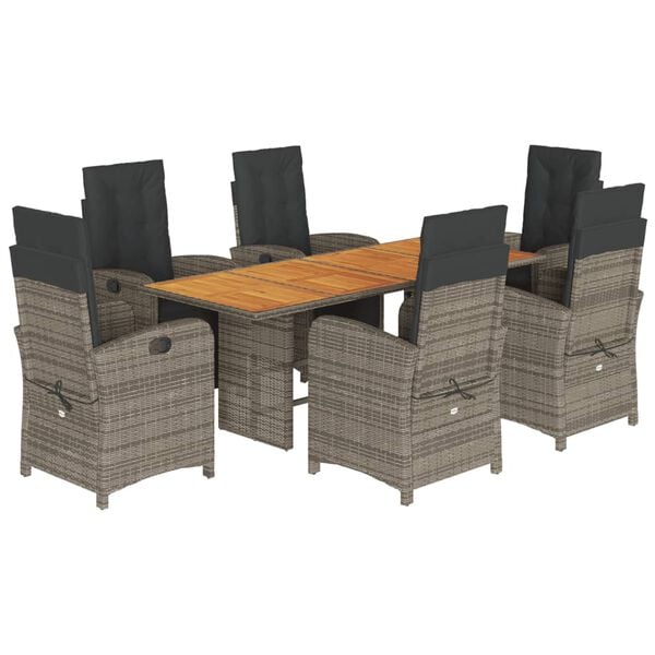 vidaXL Set comedor jard&iacute;n 7 pzas y cojines rat&aacute;n sint&eacute;tico gris
