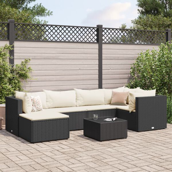 vidaXL Set de muebles de jard&iacute;n y cojines 7 pzas rat&aacute;n sint&eacute;tico negro