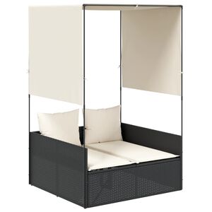 vidaXL Tumbona doble con techo y cortinas rat&aacute;n sint&eacute;tico negro