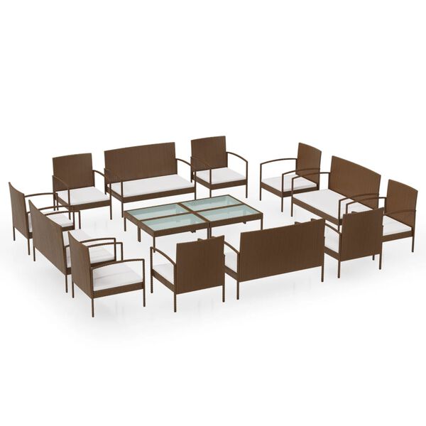 vidaXL Set muebles de jard&iacute;n 16 pzas y cojines rat&aacute;n sint&eacute;tico marr&oacute;n