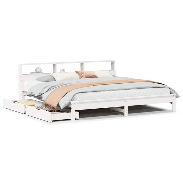 vidaXL Cama con estanter&iacute;a sin colch&oacute;n madera maciza blanca 180x200 cm
