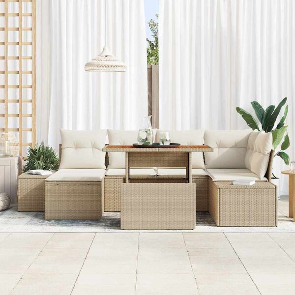 vidaXL Conjunto de sof&aacute; de jard&iacute;n 7 pcs Beige Polirat&aacute;n