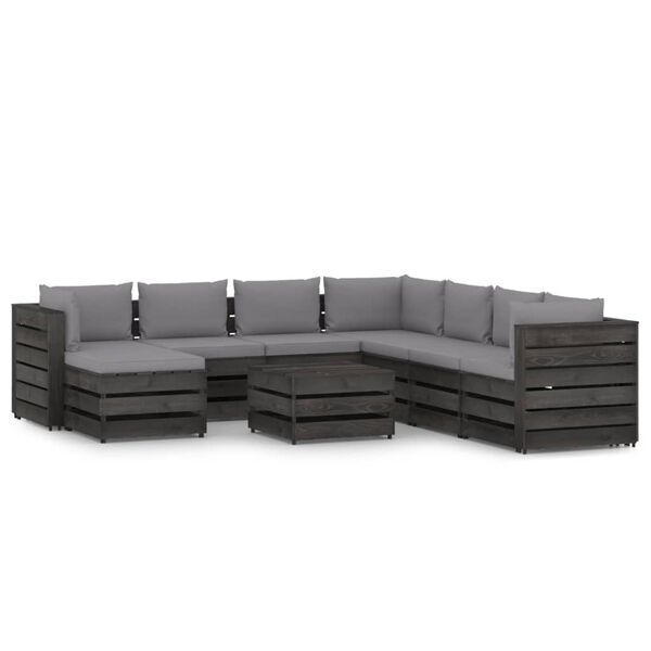vidaXL Muebles de jard&iacute;n 9 piezas con cojines madera impregnada gris
