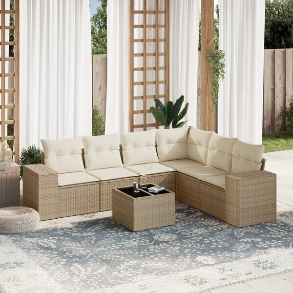 vidaXL Set sof&aacute;s de jard&iacute;n 7 piezas y cojines rat&aacute;n sint&eacute;tico beige