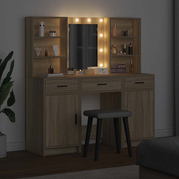 vidaXL Conjunto de mesa de vestidor con LED 3 pcs Roble Sonoma