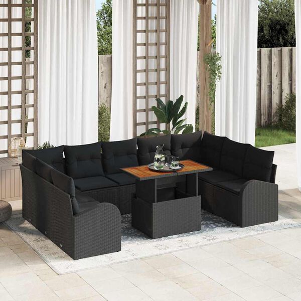 vidaXL Conjunto de sof&aacute; de jard&iacute;n 10 pcs Negro Polirat&aacute;n