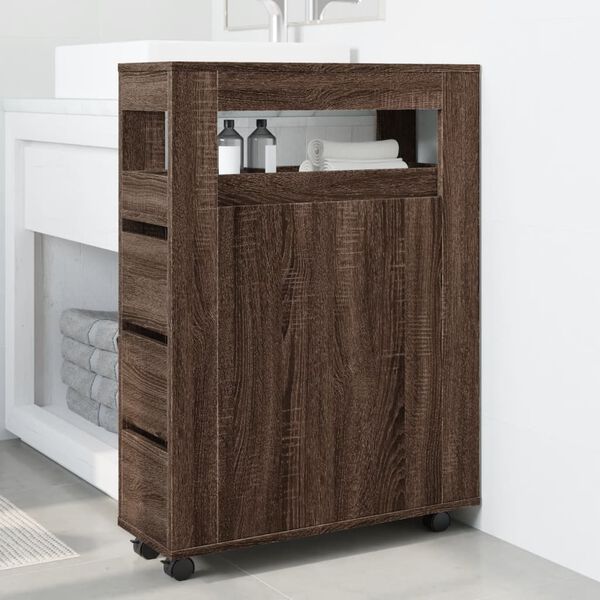 vidaXL Armario de ba&ntilde;o estrecho con ruedas madera marr&oacute;n roble