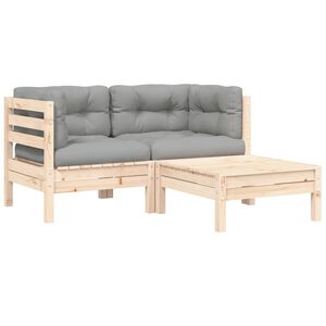 vidaXL Juego muebles de jard&iacute;n 3 pzas cojines gris madera pino maciza