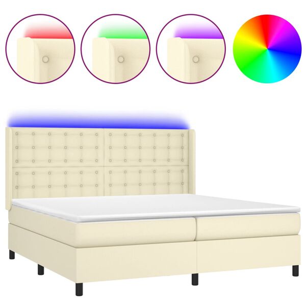 vidaXL Cama box spring colch&oacute;n y LED cuero sint&eacute;tico crema 200x200 cm