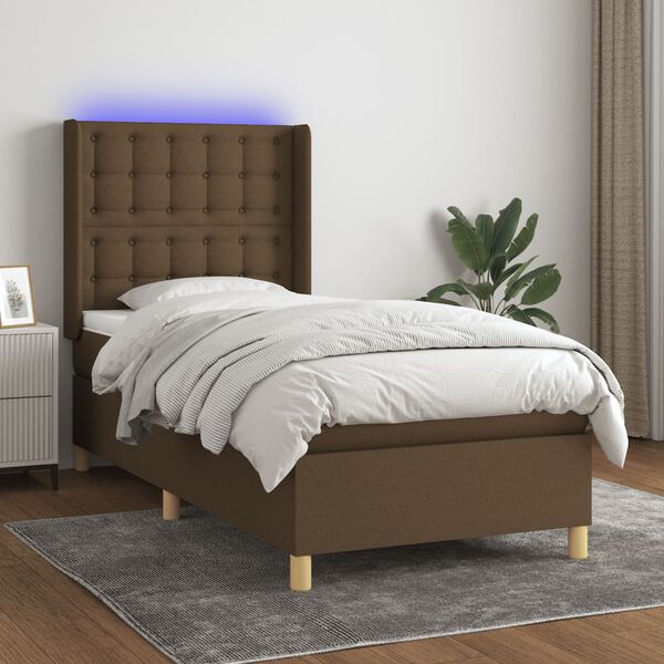 vidaXL Cama box spring colch&oacute;n y luces LED tela marr&oacute;n oscuro 90x190cm