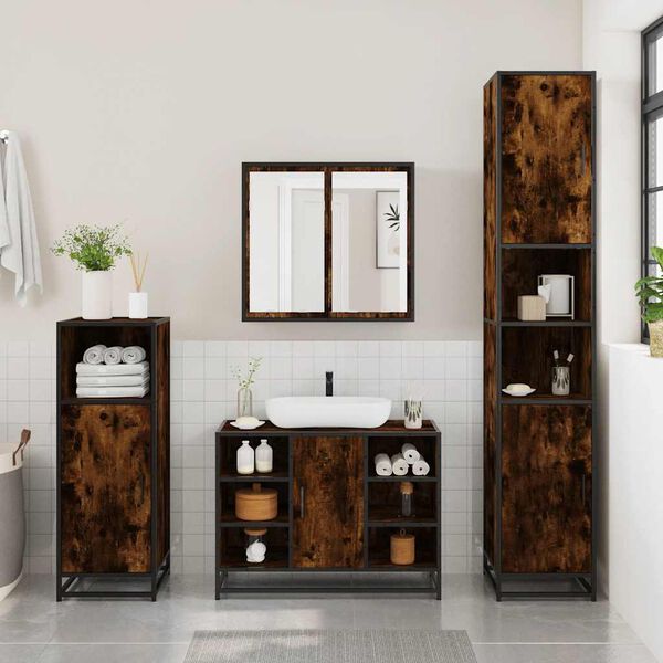 vidaXL Set de muebles ba&ntilde;o 4 pzas madera contrachapada roble ahumado